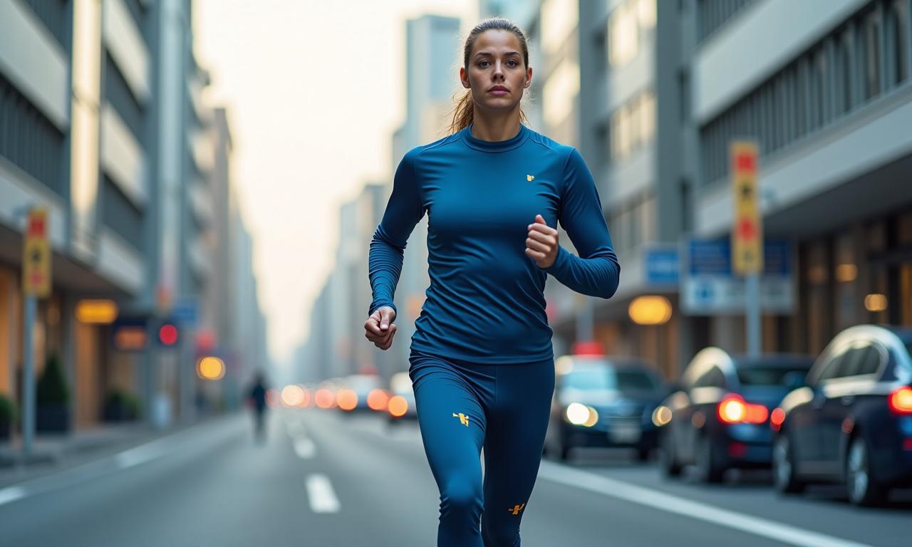 Athlete in mid-stride wearing Aozora Movement gear on a Tokyo street