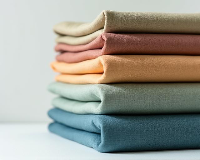 Neatly stacked bolts of fabric made from recycled materials in various colors