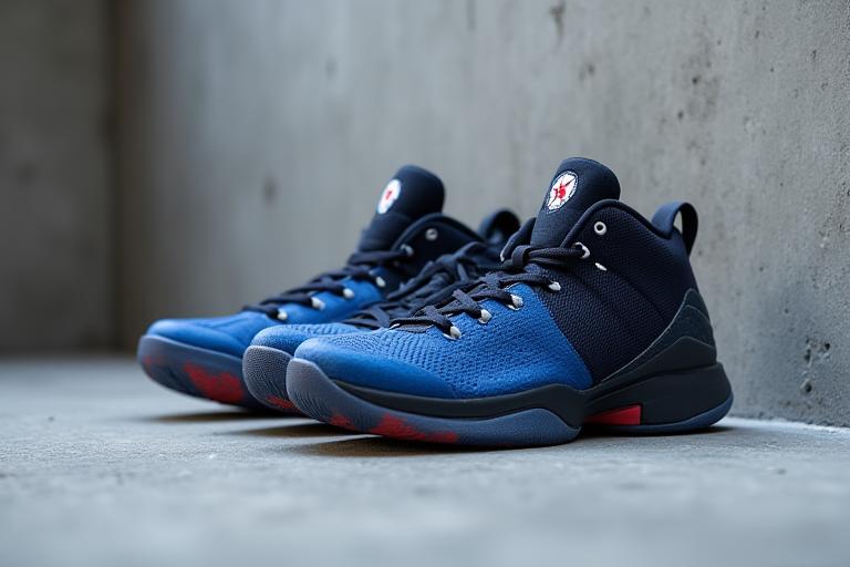 A pair of Aozora basketball shoes displayed on a concrete floor